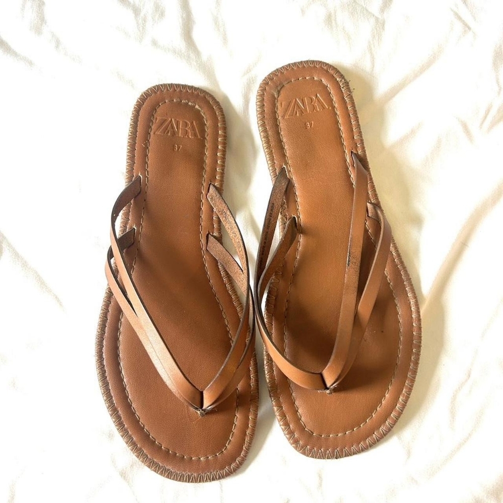 Zara Tan Brown Leather Strappy Flip-Flop Sandals